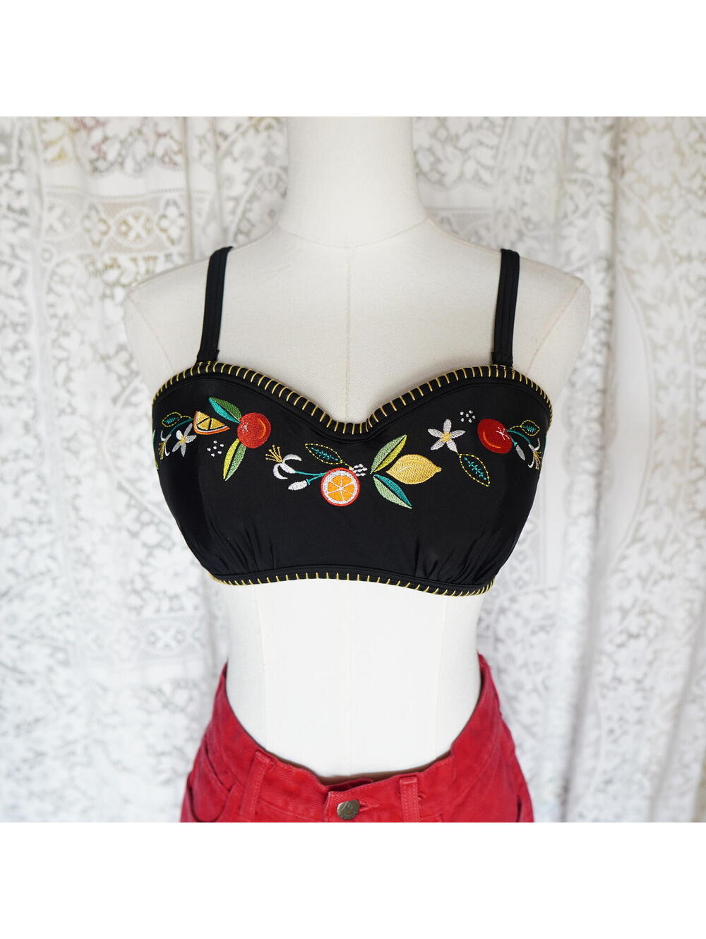Figleaves NWT Bikini Top 34D Underwire Embroidered Fruits CUTE!